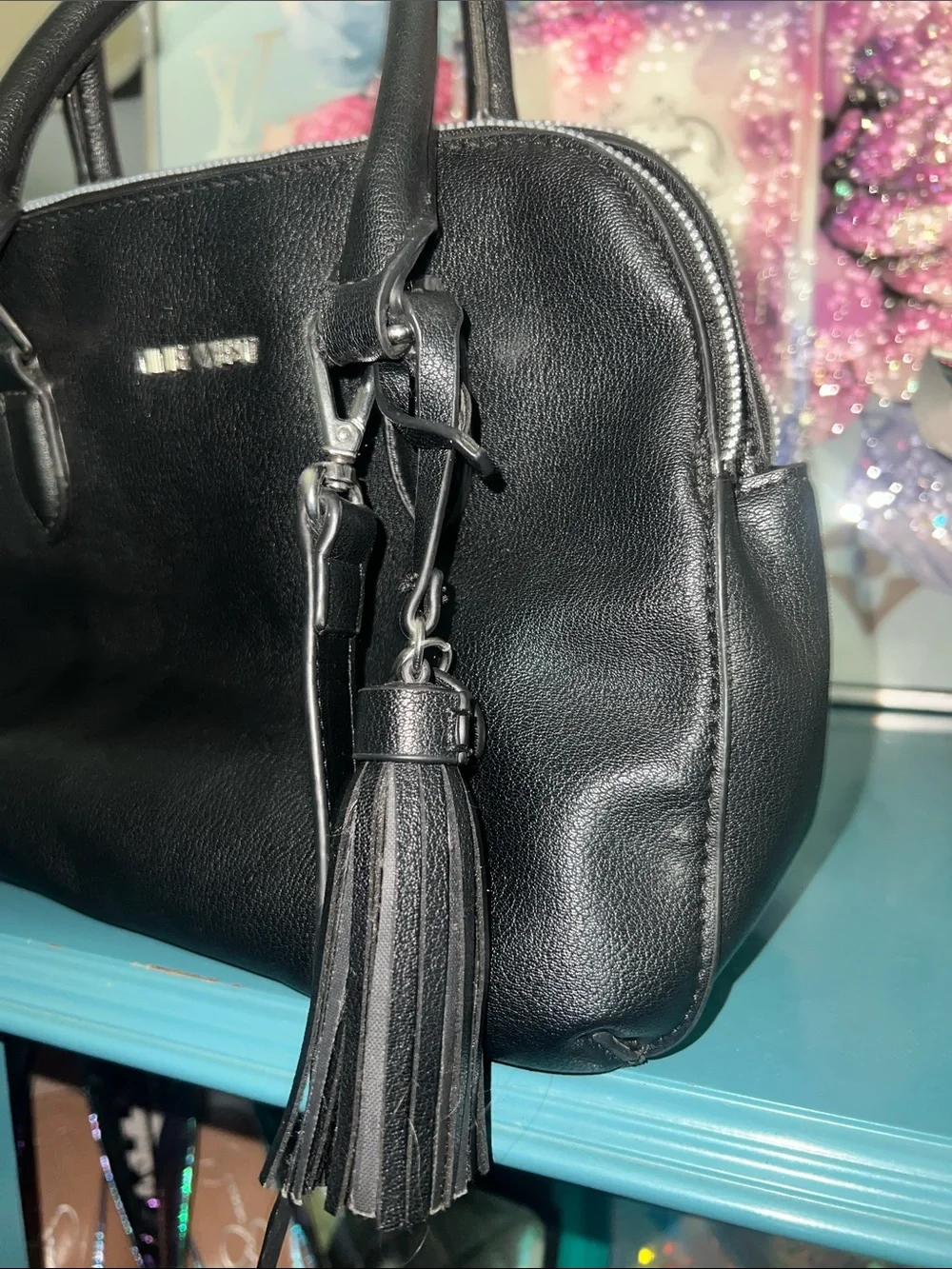 Nine West Black Leather Double-Zip Satchel with Silver Hardware